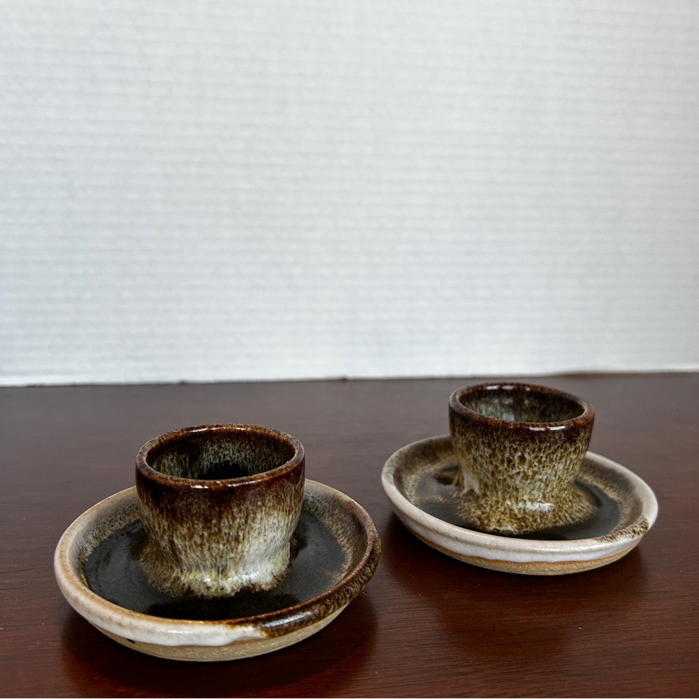 Two Pottery Taper Candlesticks, Egg Cups Neutral/Brown Tones